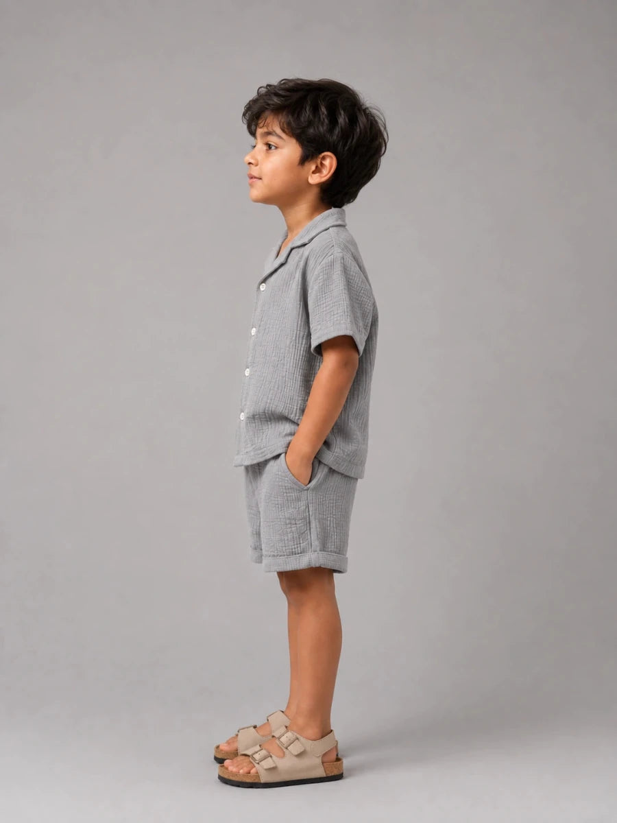 Crinkled cotton Resort collar shirt and short co ord Grey - Shop For Asha
