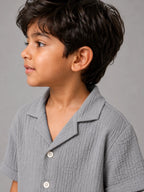 Crinkled cotton Resort collar shirt and short co ord Grey - Shop For Asha