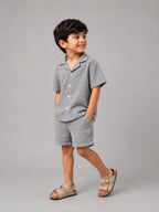 Crinkled cotton Resort collar shirt and short co ord Grey - Shop For Asha