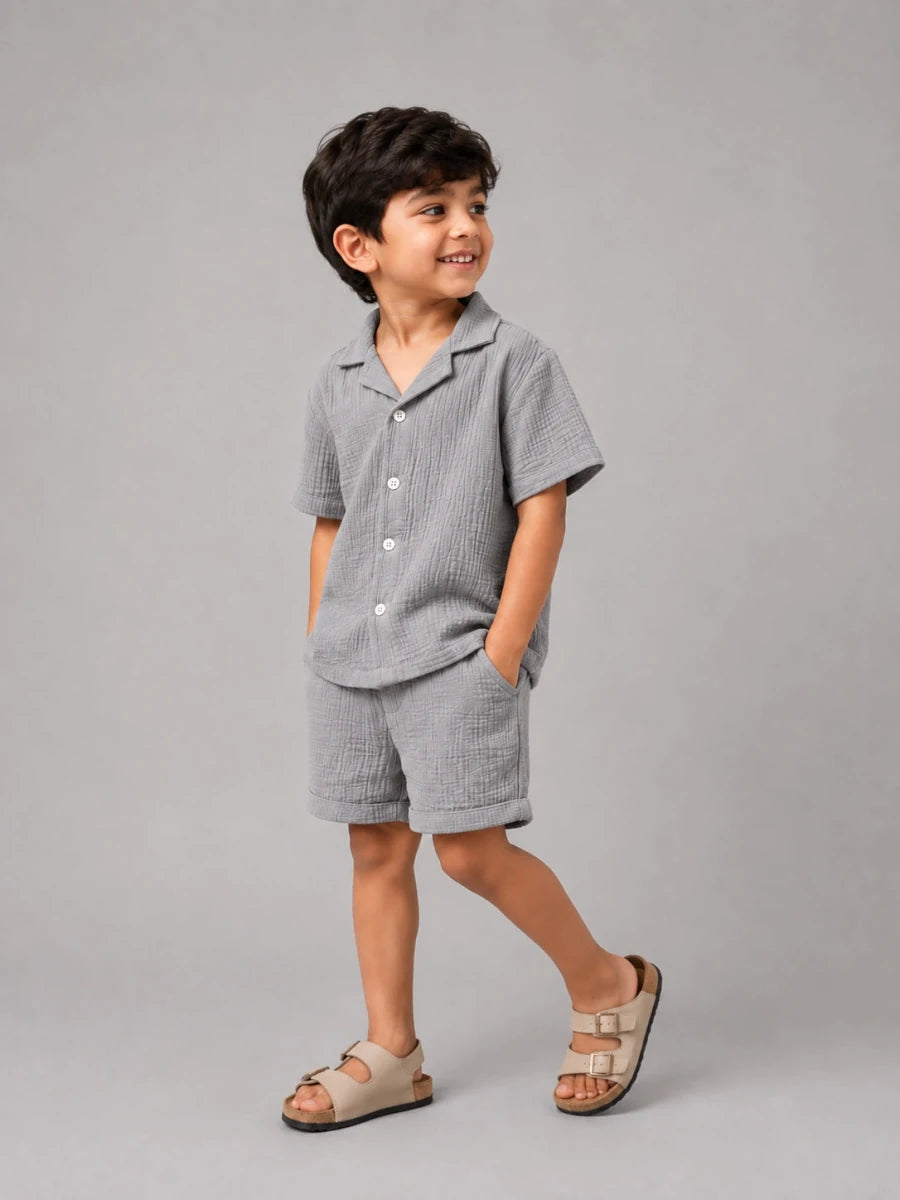 Crinkled cotton Resort collar shirt and short co ord Grey - Shop For Asha