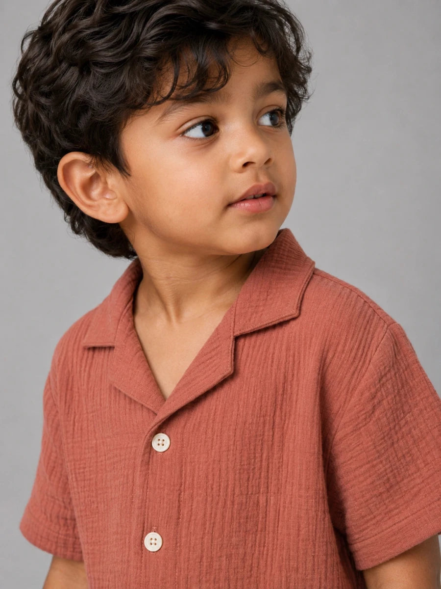 Crinkled cotton Resort collar shirt and short co ord Rusty orange - Shop For Asha