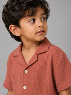 Crinkled cotton Resort collar shirt and short co ord Rusty orange - Shop For Asha