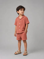 Crinkled cotton Resort collar shirt and short co ord Rusty orange - Shop For Asha