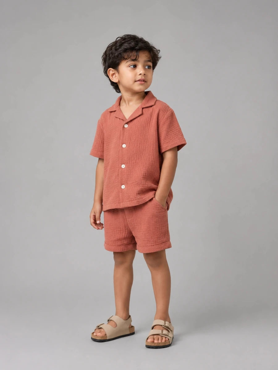 Crinkled cotton Resort collar shirt and short co ord Rusty orange - Shop For Asha