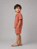 Crinkled cotton Resort collar shirt and short co ord Rusty orange - Shop For Asha