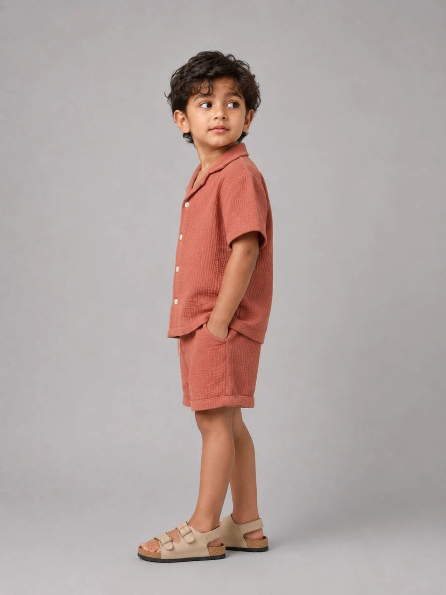 Crinkled cotton Resort collar shirt and short co ord Rusty orange - Shop For Asha
