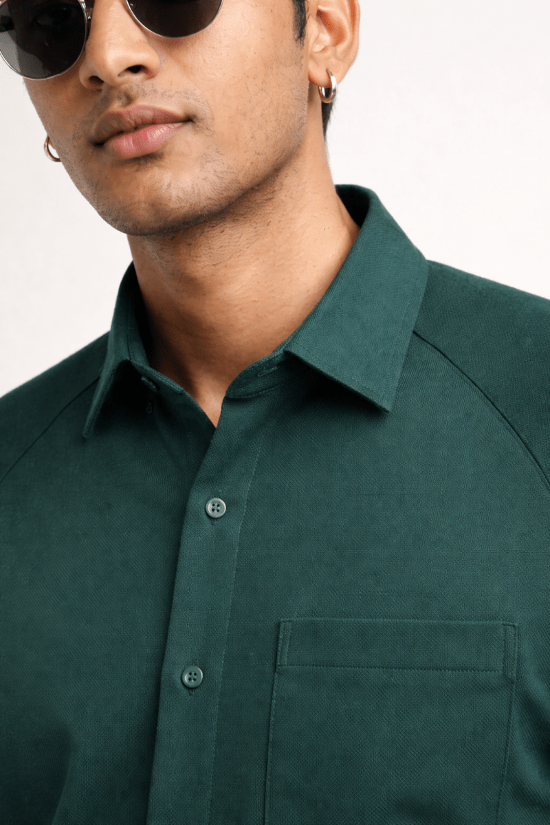 Forest Green 100% Cotton Piqué Raglan Sleeve Formal Shirt - Shop For Asha