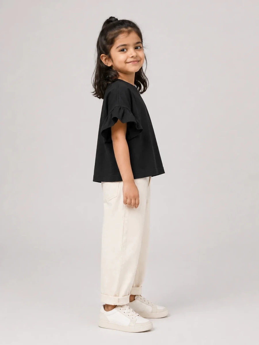 Girls Flutter Sleeve Top: Black - Shop For Asha