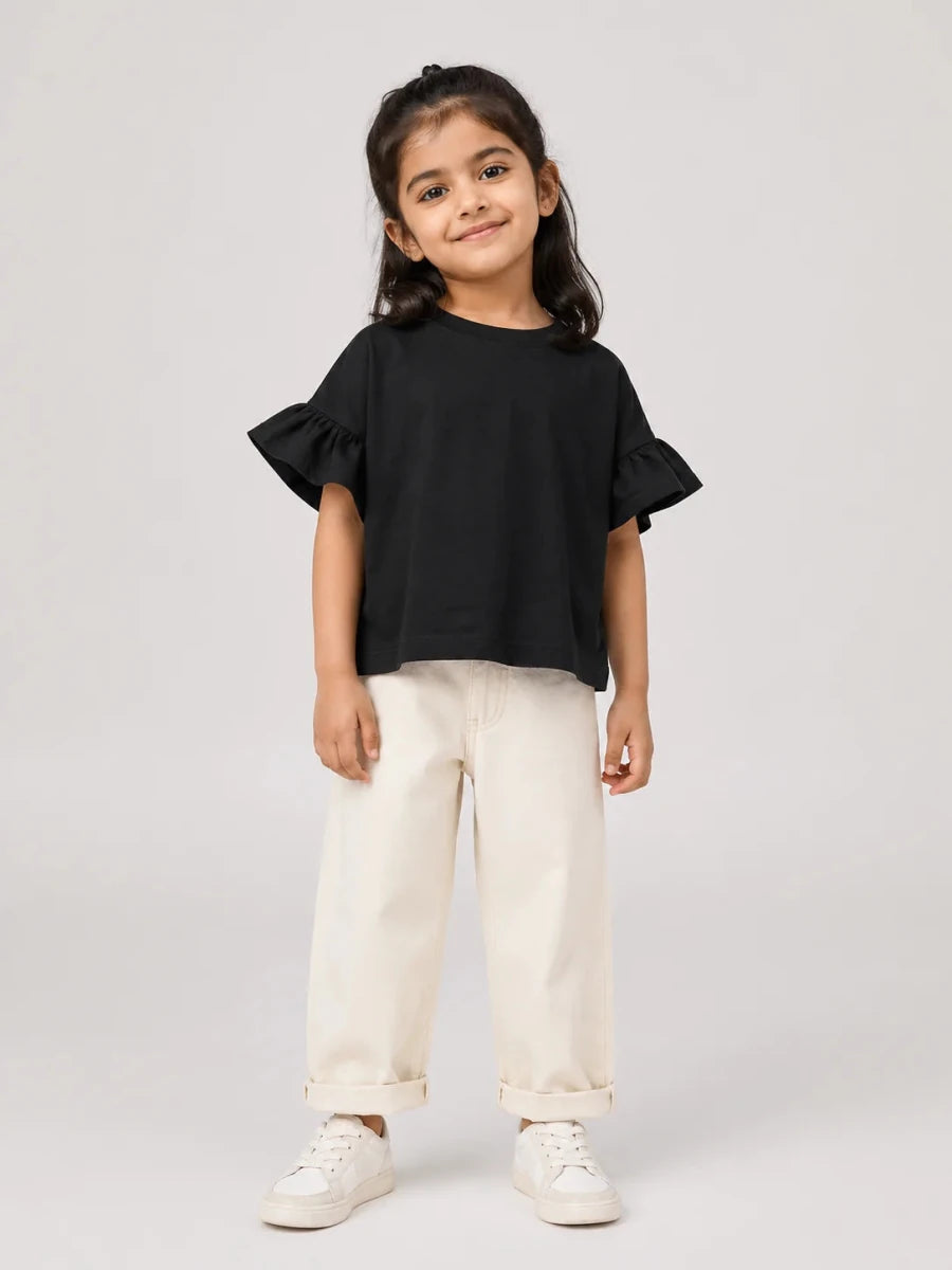 Girls Flutter Sleeve Top: Black - Shop For Asha