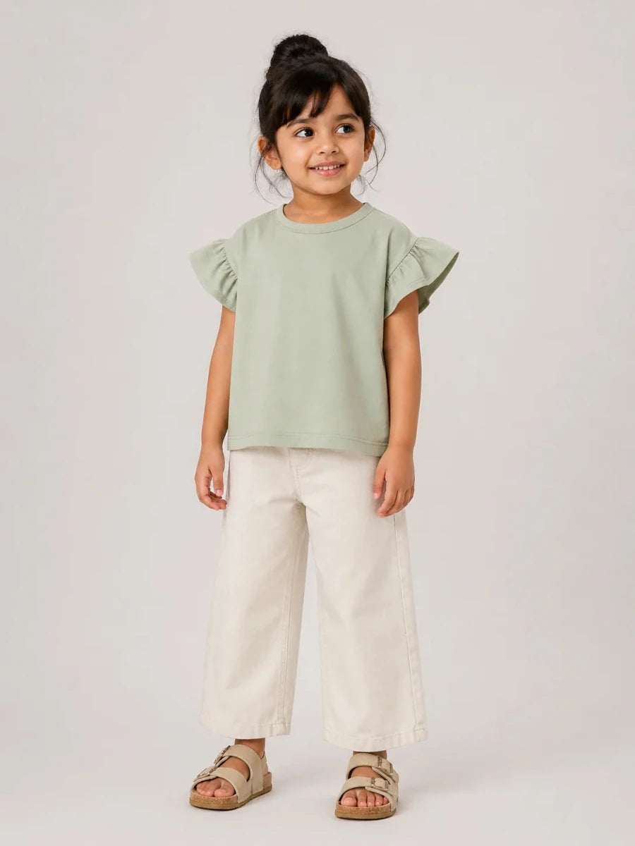 Girls Flutter Sleeve Top: Sage Green - Shop For Asha