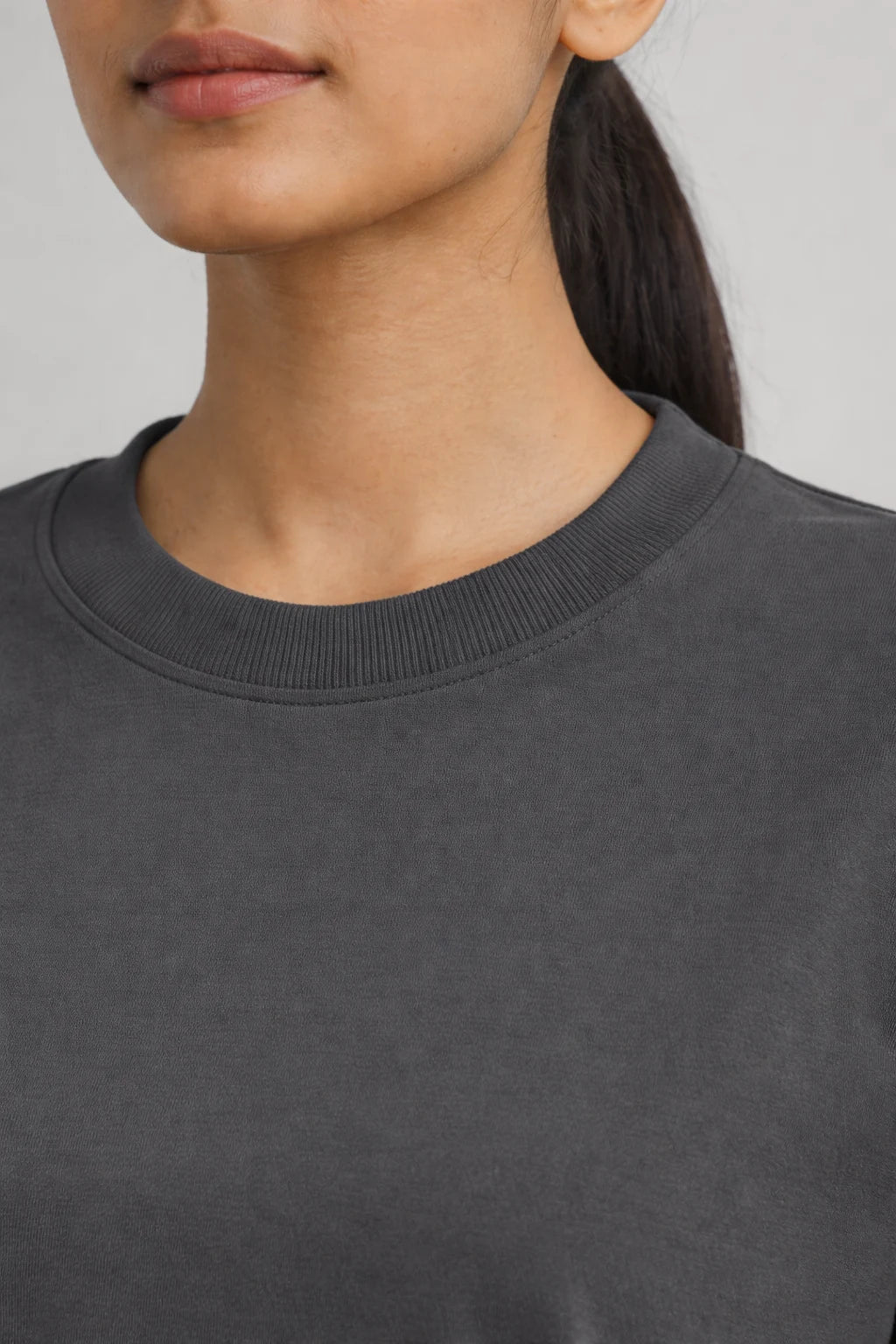 Women’s grey regular fit t-shirt made from 200 GSM 100% cotton with structured rib neckline
