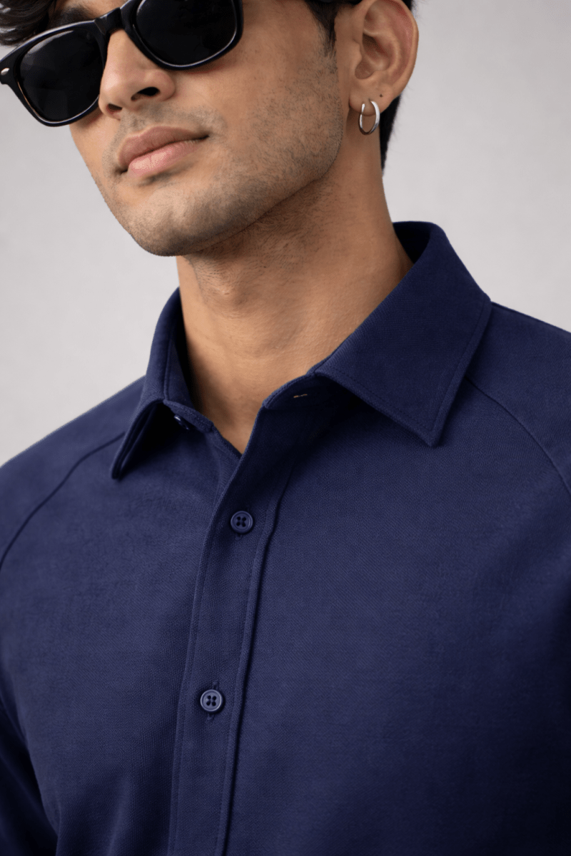Navy 100% Cotton Piqué Raglan Sleeve Formal Shirt - Shop For Asha