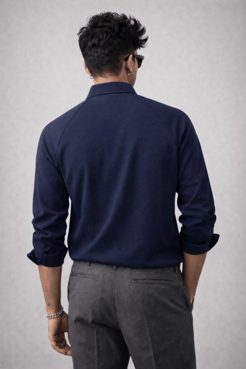 Navy 100% Cotton Piqué Raglan Sleeve Formal Shirt - Shop For Asha