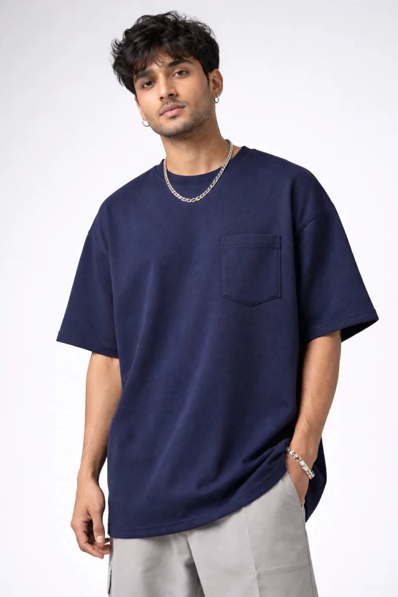 Navy Oversize Fit Crew Neck T-shirt with Patch Pocket - Shop For Asha
