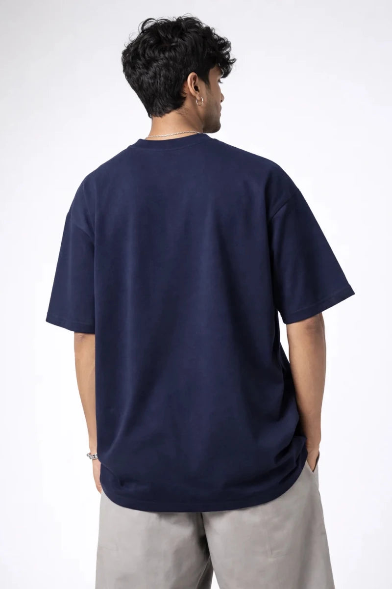 Navy Oversize Fit Crew Neck T-shirt with Patch Pocket - Shop For Asha