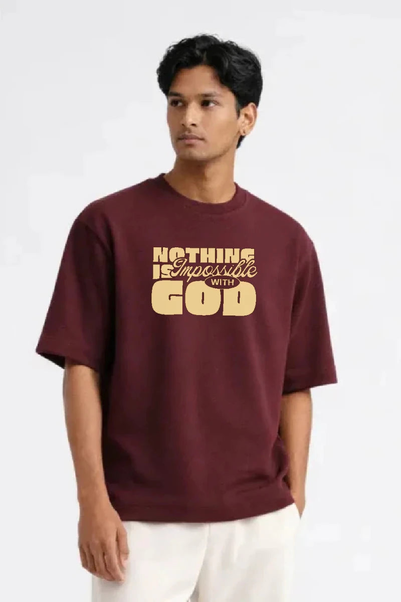 Nothing is Impossible with God Graphic Box Fit T-Shirt | Burgundy / Grey - Shop For Asha