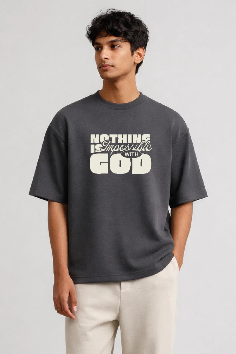 Nothing is Impossible with God Graphic Box Fit T-Shirt | Burgundy / Grey - Shop For Asha