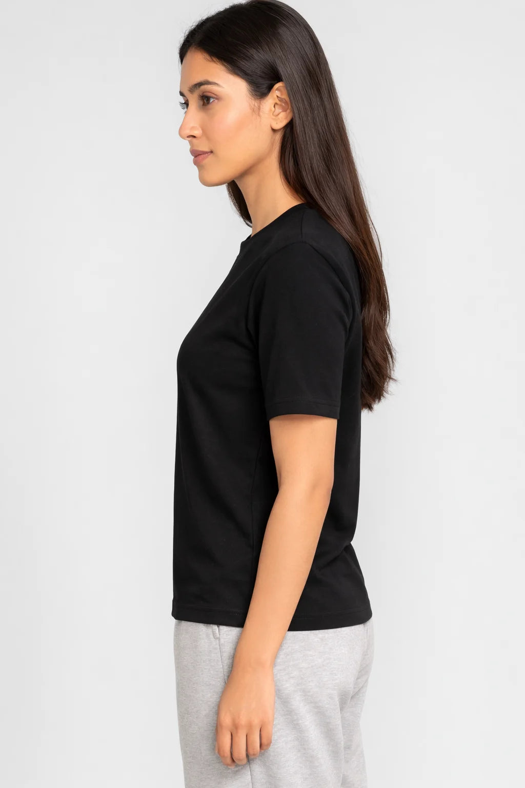 Women’s black regular fit t-shirt made from 200 GSM 100% cotton with structured rib neckline