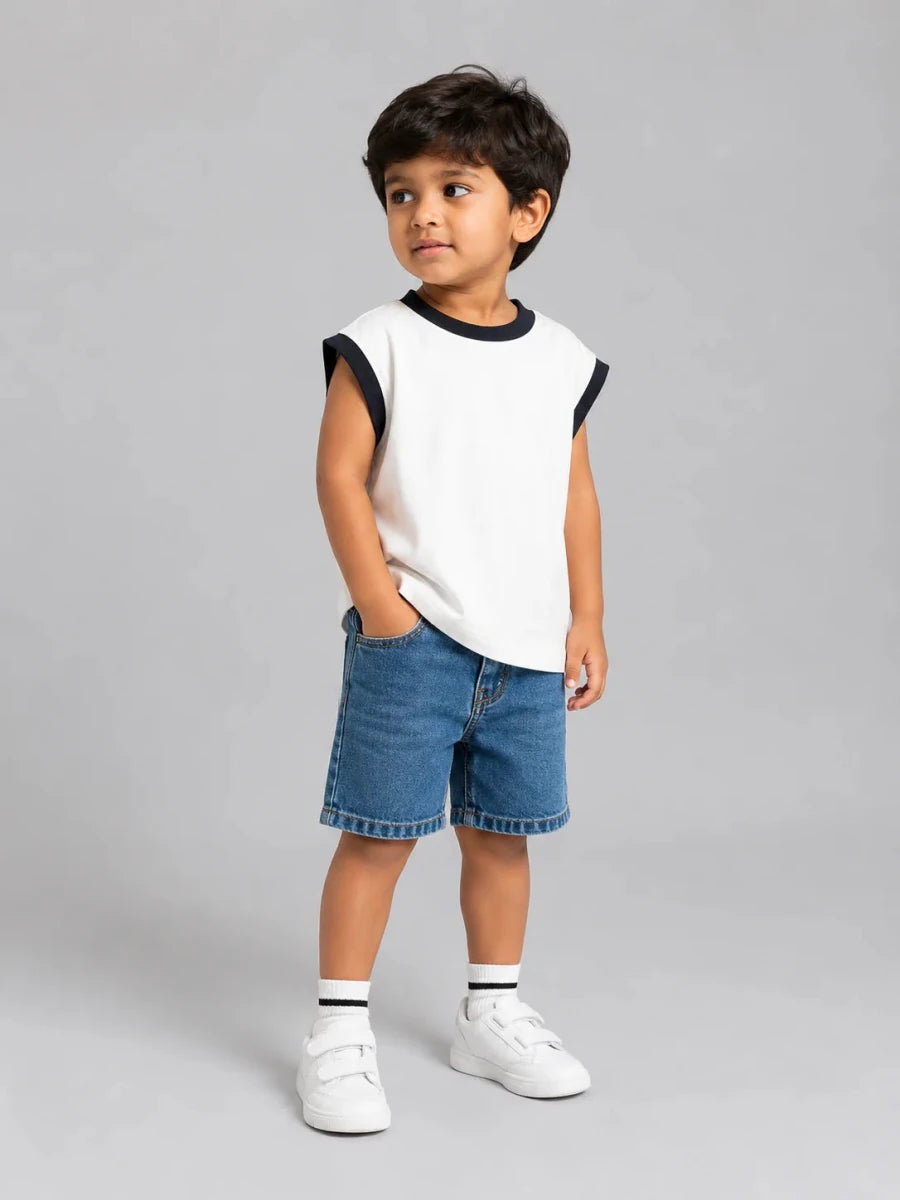 Oversized Sleeveless Tee: Coconut white with Navy - Shop For Asha