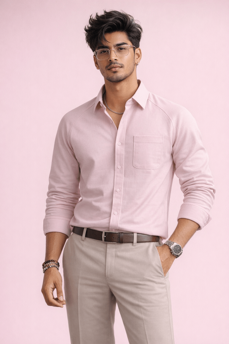Peachy Pink 100% Cotton Piqué Raglan Sleeve Formal Shirt - Shop For Asha
