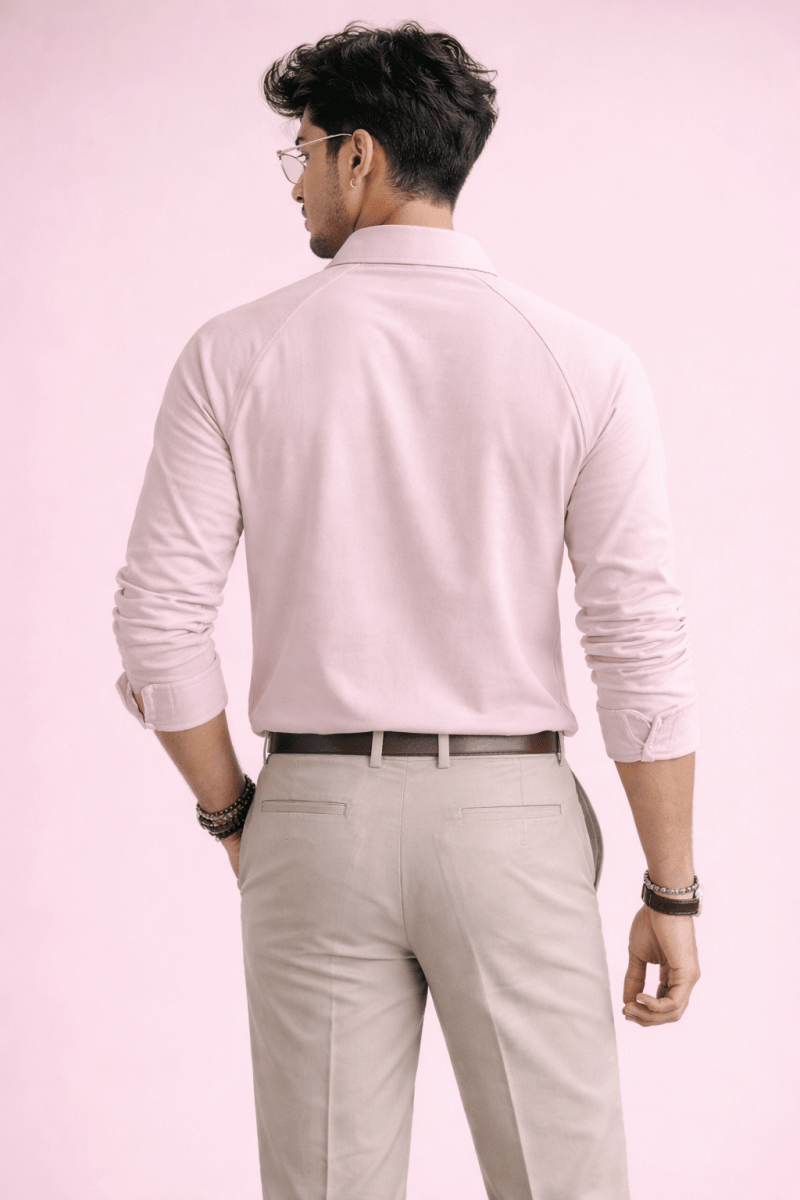 Peachy Pink 100% Cotton Piqué Raglan Sleeve Formal Shirt - Shop For Asha