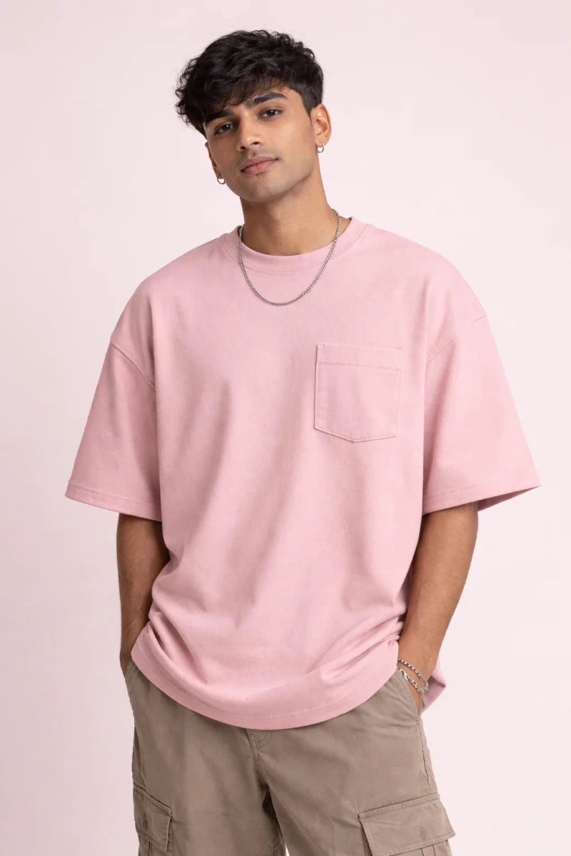 Peachy Pink Oversize Fit Crew Neck T-shirt with Patch Pocket - Shop For Asha