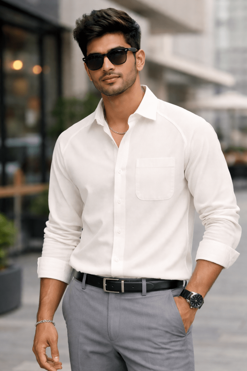 Peal White 100% Cotton Piqué Raglan Sleeve Formal Shirt - Shop For Asha