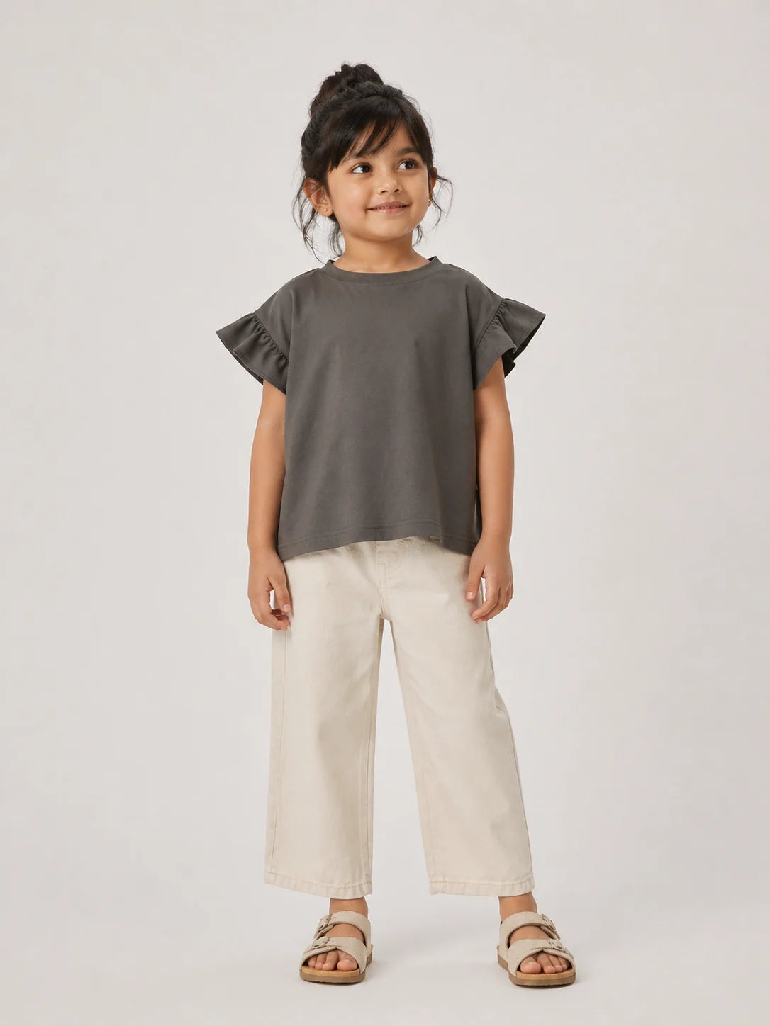 Girls Flutter Sleeve Top: Grey