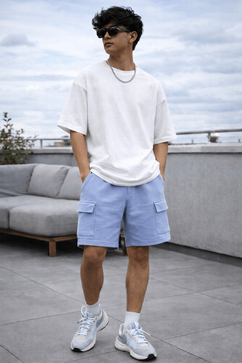 Powder Blue French Terry Cargo Shorts - Shop For Asha