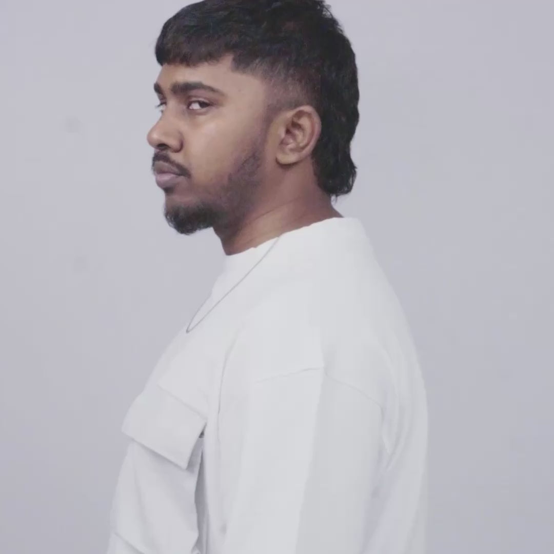 White Oversize Fit Crew Neck T-shirt with Grey Cargo Pocket