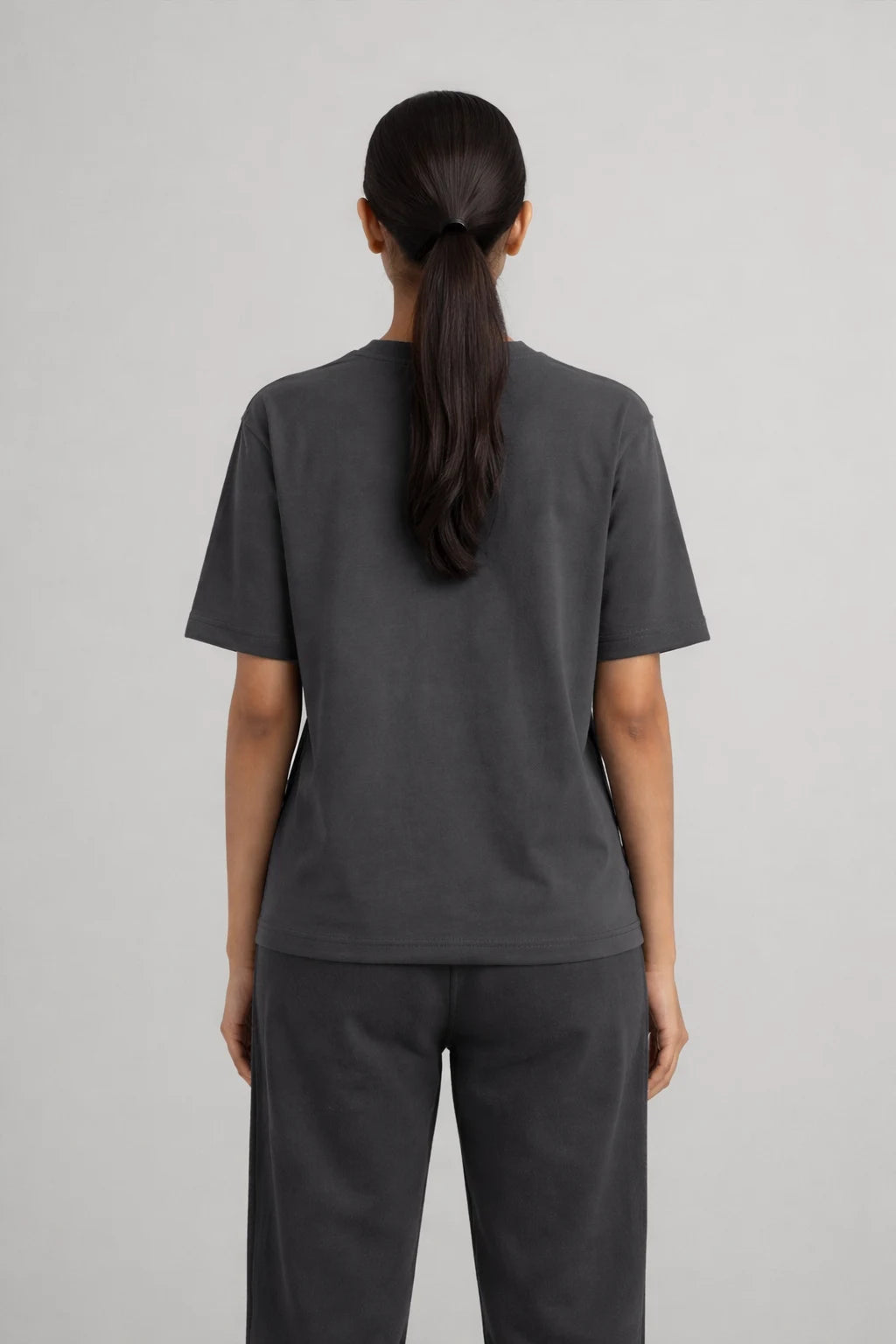 Women’s grey regular fit t-shirt made from 200 GSM 100% cotton with structured rib neckline