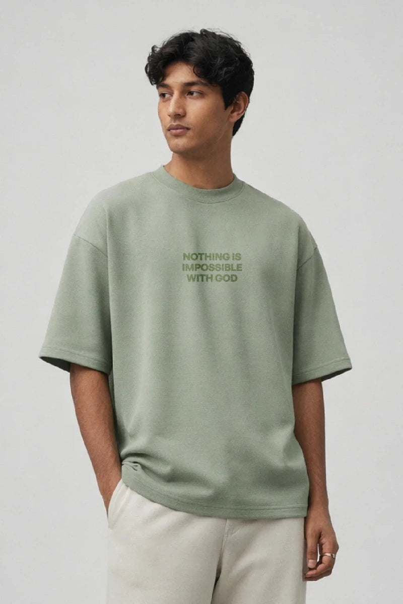 Red Sea Parting Box Fit T-Shirt | Nothing is Impossible with God Collection | Navy and Sage Green - Shop For Asha