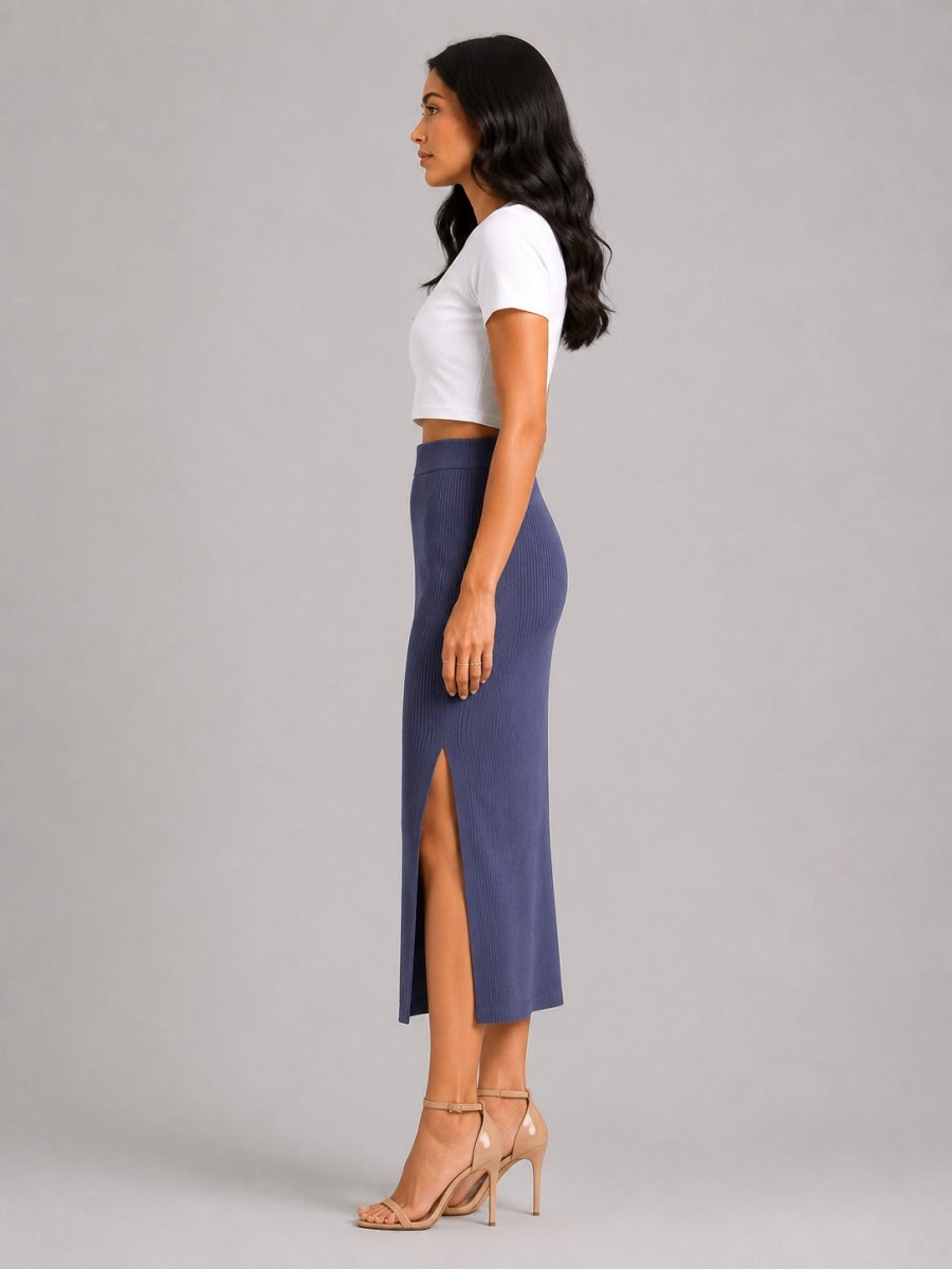 Rib Midi Skirt: Crown Blue - Shop For Asha