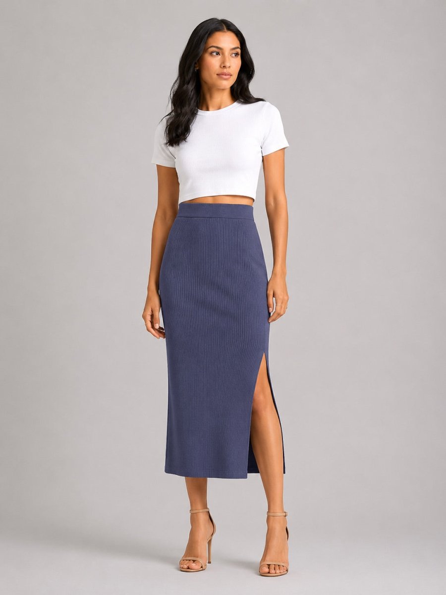 Rib Midi Skirt: Crown Blue - Shop For Asha