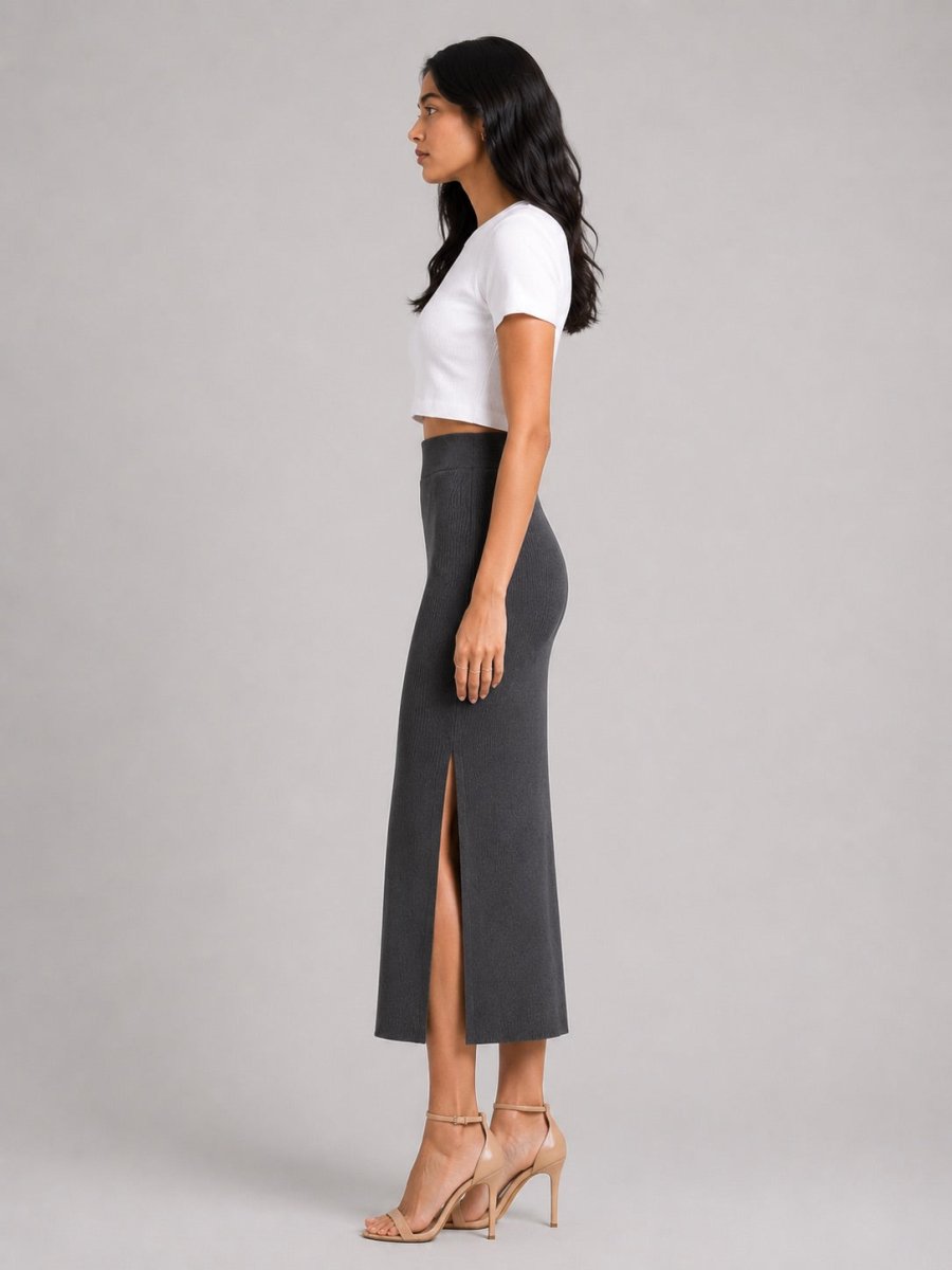 Rib Midi Skirt: Dark Grey - Shop For Asha