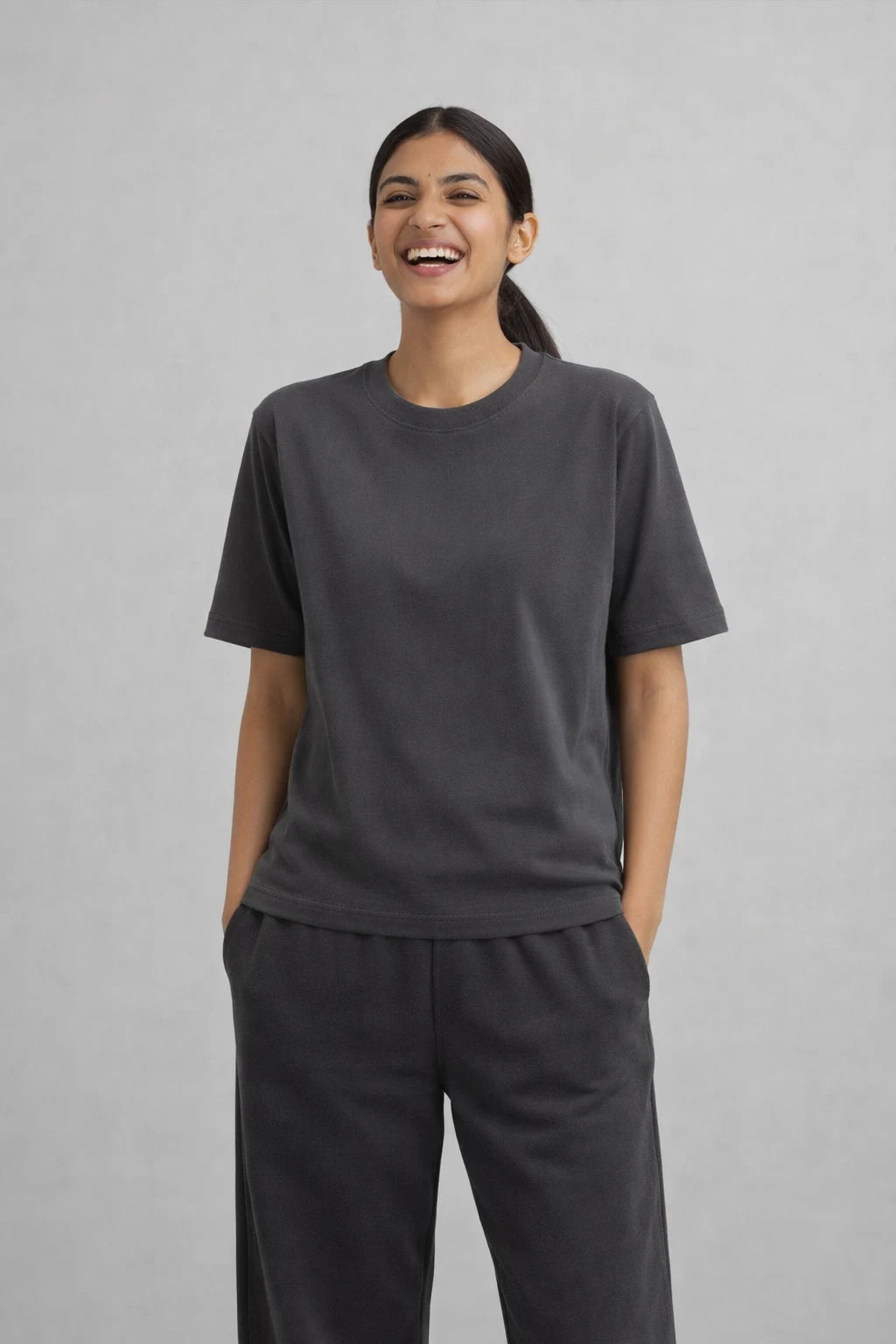 Women’s grey regular fit t-shirt made from 200 GSM 100% cotton with structured rib neckline