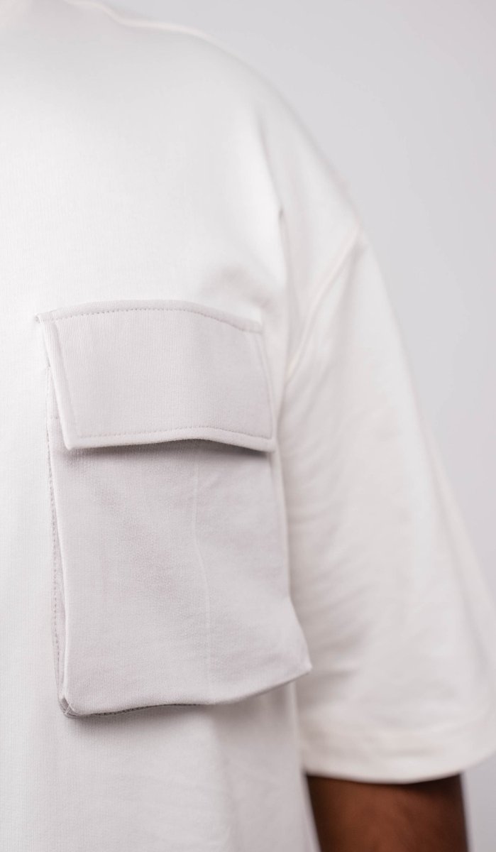 White Oversize Fit Crew Neck T-shirt with Grey Cargo Pocket - Shop For Asha