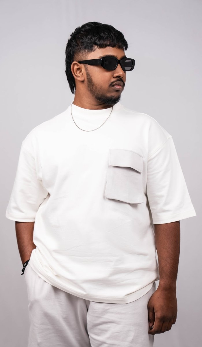 White Oversize Fit Crew Neck T-shirt with Grey Cargo Pocket - Shop For Asha