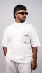 White Oversize Fit Crew Neck T-shirt with Grey Cargo Pocket - Shop For Asha