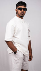 White Oversize Fit Crew Neck T-shirt with Grey Cargo Pocket - Shop For Asha