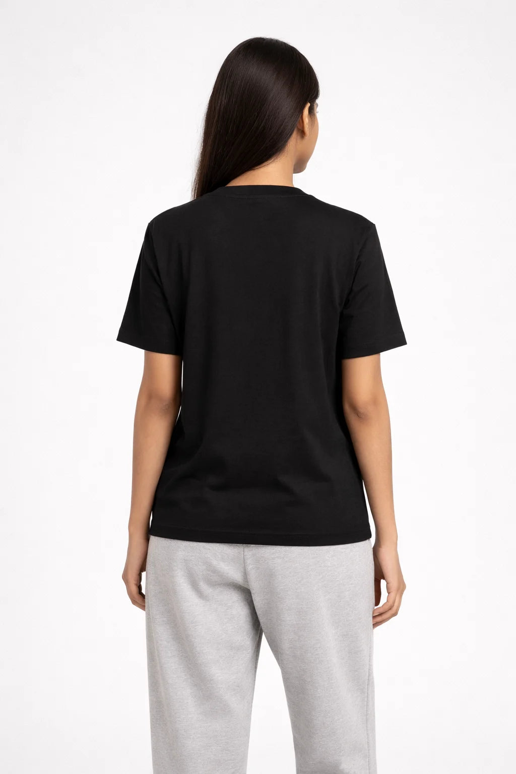 Women’s black regular fit t-shirt made from 200 GSM 100% cotton with structured rib neckline